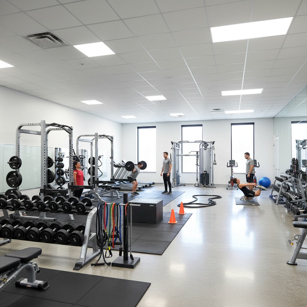Modern gym-based physical therapy facility in Scottsdale with comprehensive strength and conditioning equipment for athletic performance
