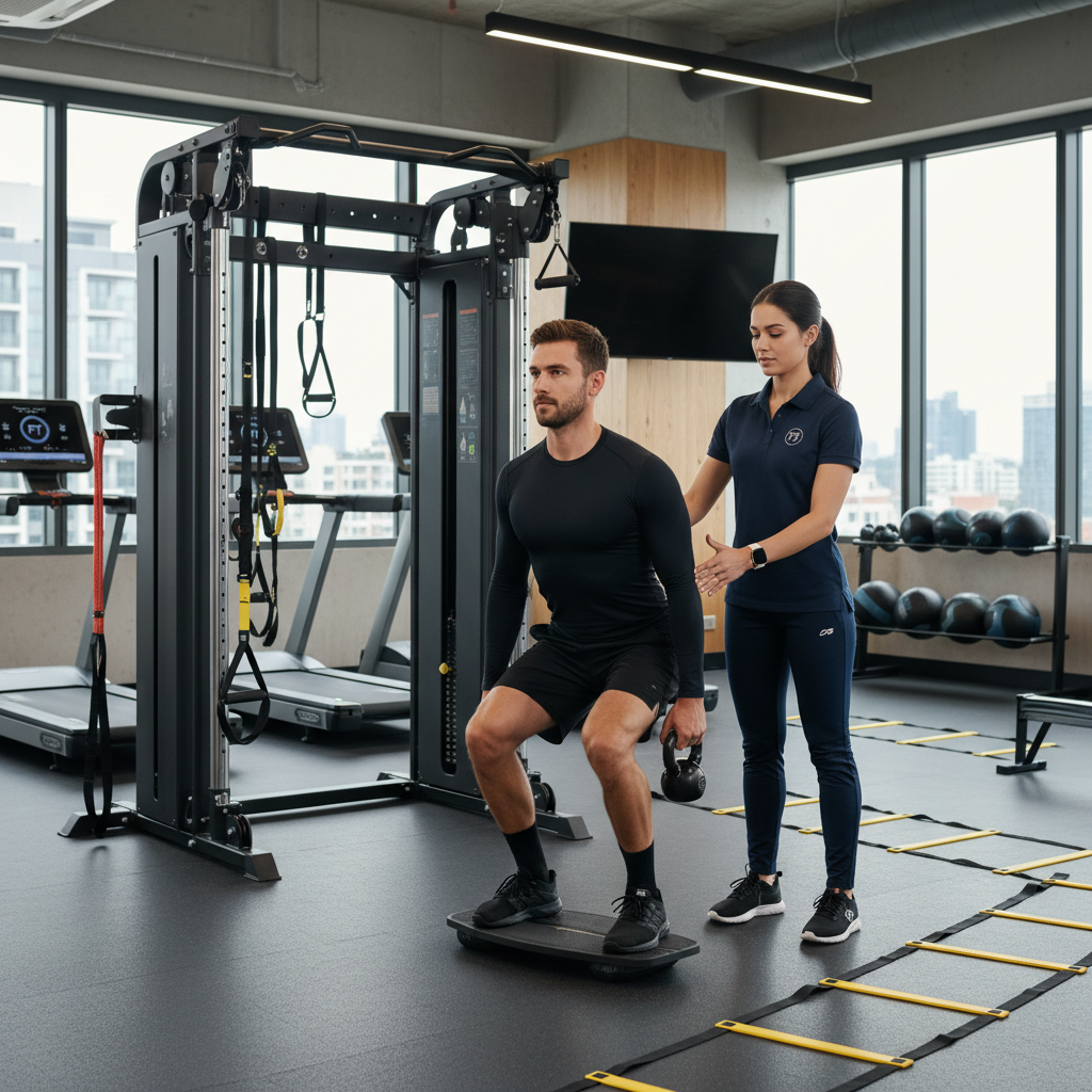 Athlete performing functional exercises with physical therapistguidance in modern gym setting