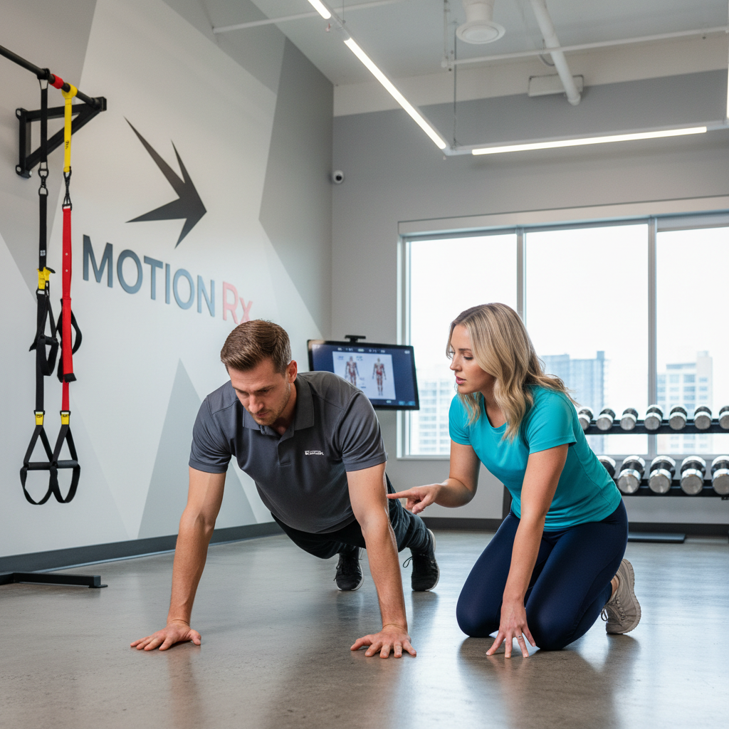 Physical therapist demonstrating proper wrist alignment during push-up exercise