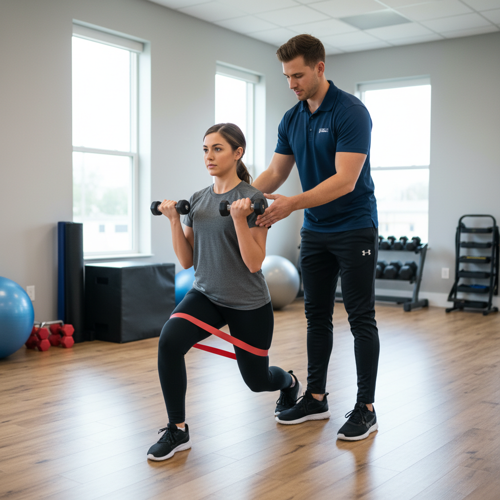 Physical therapist providing one-on-one strength training guidance to athlete in Scottsdale gym for sports performance enhancement